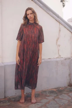 Vestido Alice Manga Corta Stains Teja y Azul - The Nook Store