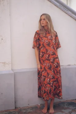 Vestido Alice Manga Corta Naranja Flores - The Nook Store