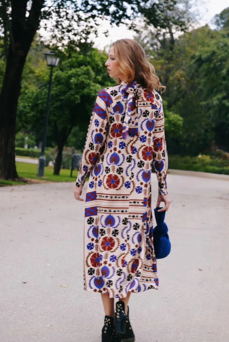 Vestido Alice Mosaico Crudo Marino y Burdeos - The Nook Store