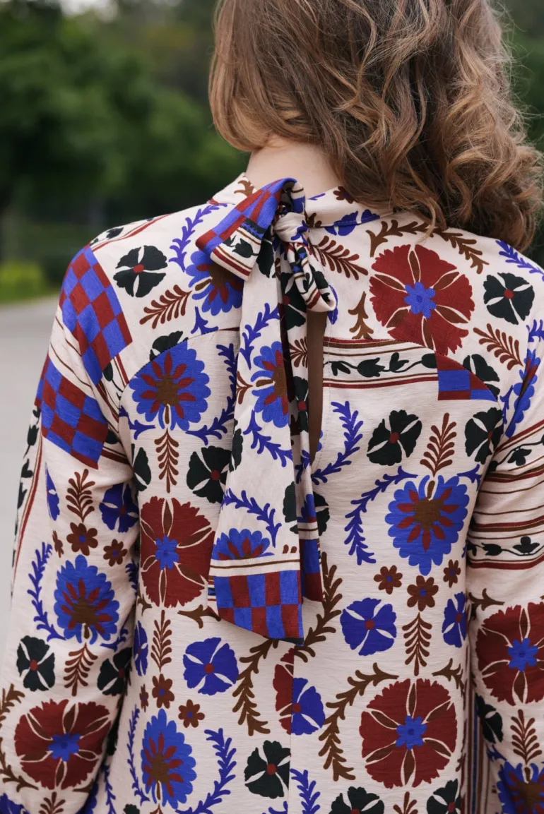 Vestido Alice Mosaico Crudo Marino y Burdeos - The Nook Store