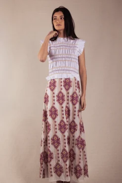 Vestido Allegra Bordado Rombos Buganvilla y Mostaza - The Nook Store