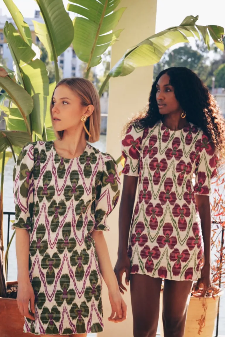 Vestido Creta Corto Ikat Flor Verde - The Nook Store
